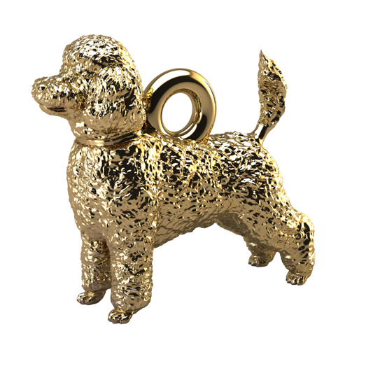 Silver dog pendant necklaces and charms with textured fur details on a chain, perfect accessory for dog lovers and jewellery enthusiasts worldwide, also available in solid gold. Made by Chris Simpson Designs in the United Kingdom.