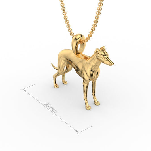 GREYHOUND. Silver dog pendant necklace with textured fur details on a chain, perfect accessory for dog lovers and jewellery enthusiasts worldwide, also available in solid gold. Made by Chris Simpson Designs in the United Kingdom.