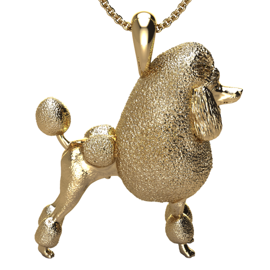 Silver dog pendant necklace with textured fur details on a chain, perfect accessory for dog lovers and jewellery enthusiasts worldwide, also available in solid gold. Made by Chris Simpson Designs in the United Kingdom.