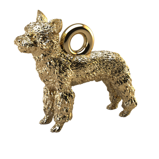 Silver dog pendant necklaces or charms with textured fur details on a chain, perfect accessory for dog lovers and jewellery enthusiasts worldwide, also available in solid gold. Made by Chris Simpson Designs in the United Kingdom.