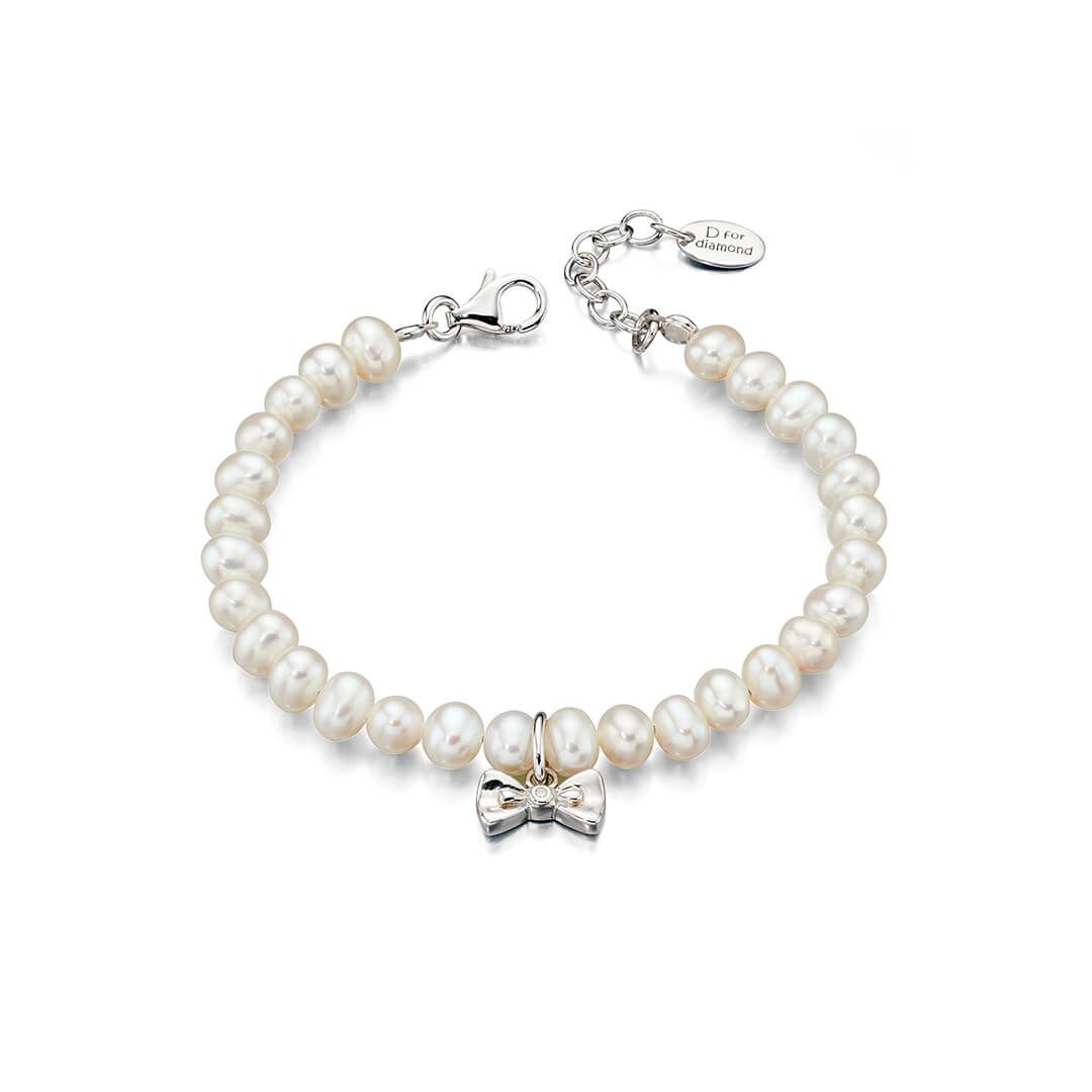 Shell Pearl and Bow Charm Bracelet with Diamond