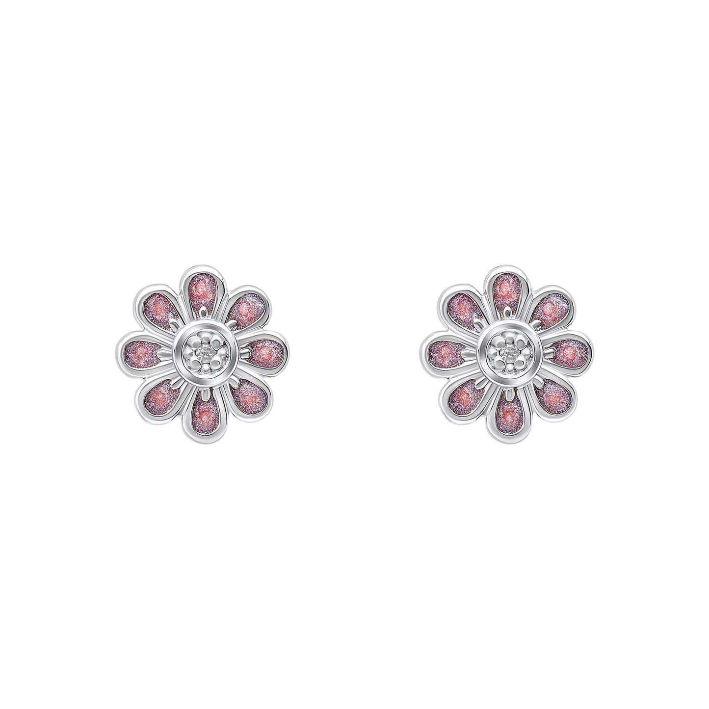 Pink Flower Stud Earrings with Diamond