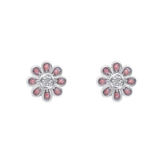 Pink Flower Stud Earrings with Diamond