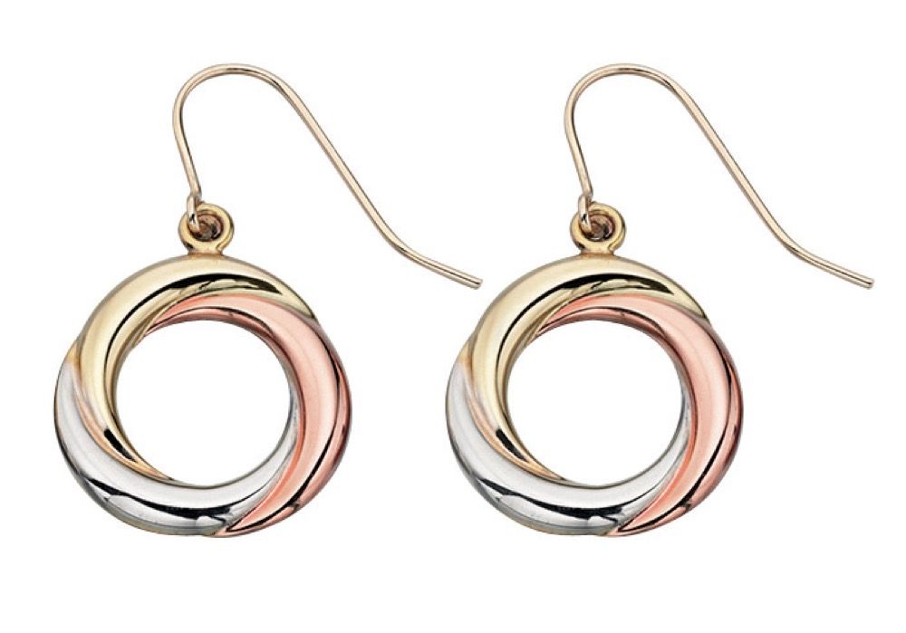 Tri-Metal Open Circle Drop Earrings in 9ct Gold