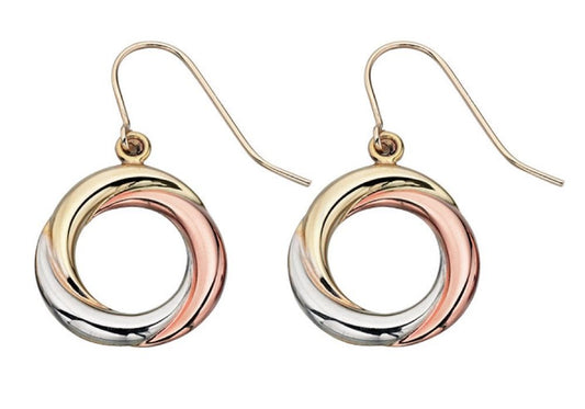 Tri-Metal Open Circle Drop Earrings in 9ct Gold