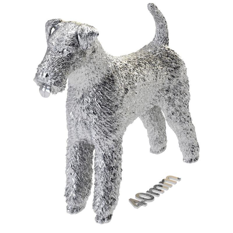 Silver dog ornament with textured fur details, perfect accessory for dog lovers and jewellery enthusiasts worldwide, also available in solid gold. Made by Chris Simpson Designs in the United Kingdom.