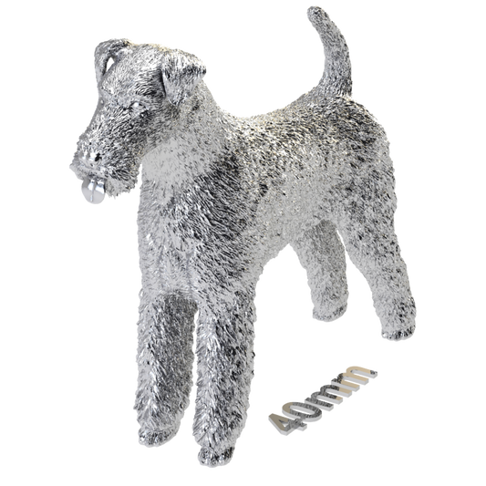 Silver dog ornament with textured fur details, perfect accessory for dog lovers and jewellery enthusiasts worldwide, also available in solid gold. Made by Chris Simpson Designs in the United Kingdom.