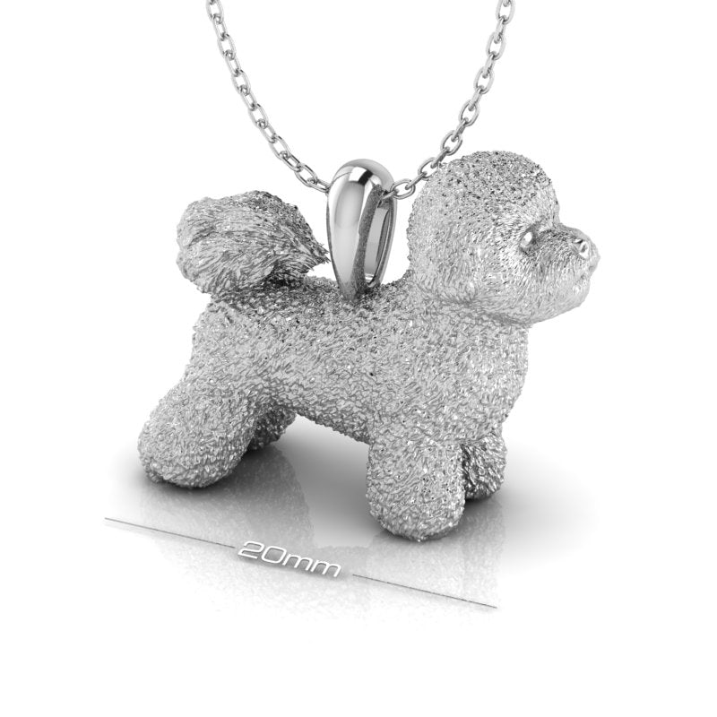 Silver dog pendant necklace with textured fur details on a chain, perfect accessory for dog lovers and jewellery enthusiasts worldwide, also available in solid gold. Made by Chris Simpson Designs in the United Kingdom.