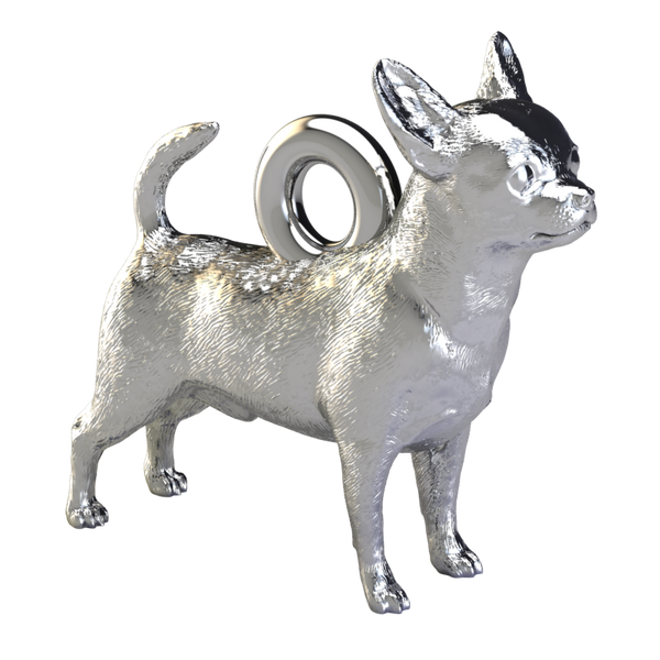 Silver dog pendant necklaces and charms with textured fur details on a chain, perfect accessory for dog lovers and jewellery enthusiasts worldwide, also available in solid gold. Made by Chris Simpson Designs in the United Kingdom.