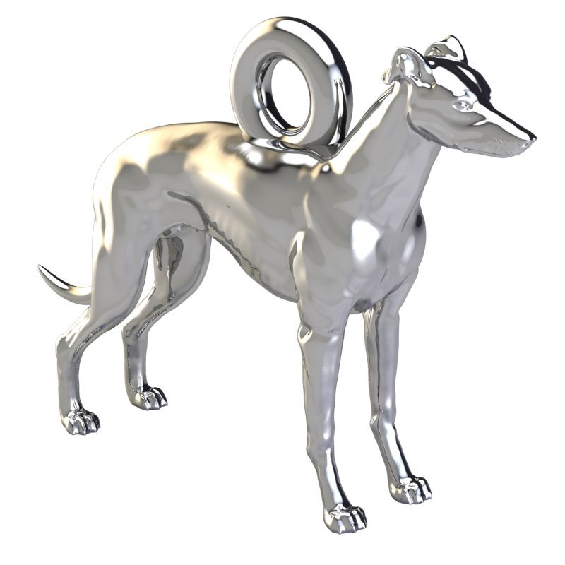 Silver dog pendant necklaces and charms with textured fur details on a chain, perfect accessory for dog lovers and jewellery enthusiasts worldwide, also available in solid gold. Made by Chris Simpson Designs in the United Kingdom.