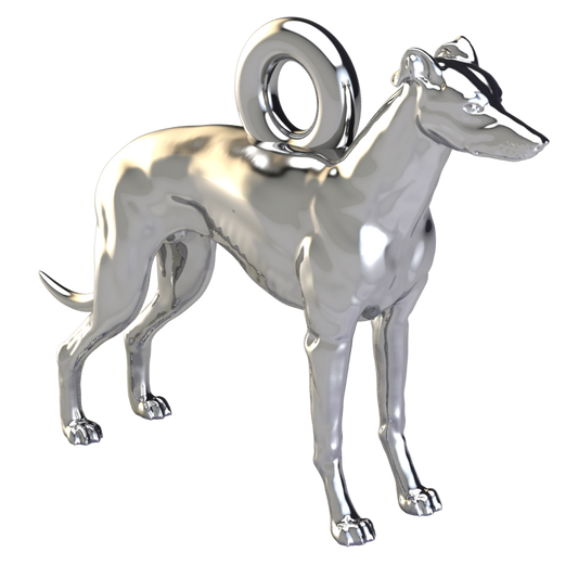 Silver dog pendant necklaces and charms with textured fur details on a chain, perfect accessory for dog lovers and jewellery enthusiasts worldwide, also available in solid gold. Made by Chris Simpson Designs in the United Kingdom.