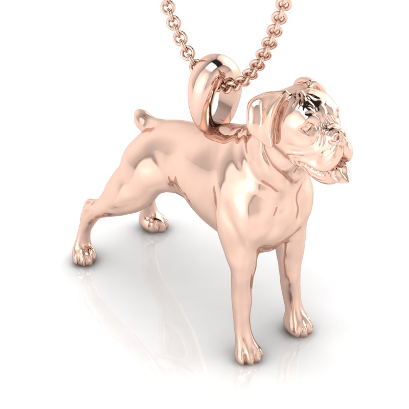 BOXER DOG PENDANT GOLD. Silver dog pendant necklace with textured fur details on a chain, perfect accessory for dog lovers and jewellery enthusiasts worldwide, also available in solid gold. Made by Chris Simpson Designs in the United Kingdom.