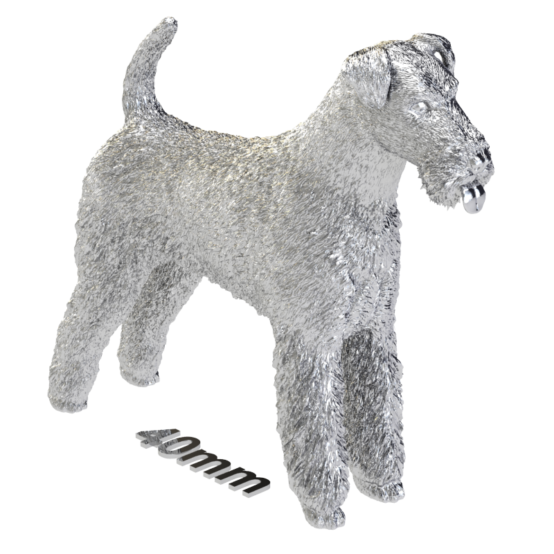 Silver dog ornament with textured fur details, perfect accessory for dog lovers and jewellery enthusiasts worldwide, also available in solid gold. Made by Chris Simpson Designs in the United Kingdom.