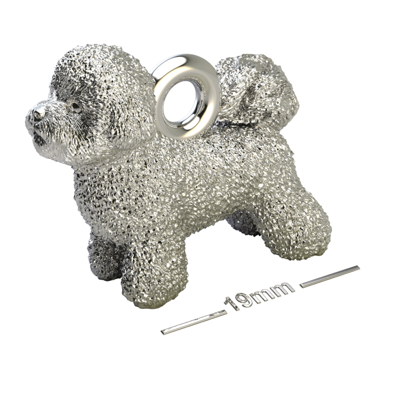Silver dog pendant necklaces and charms with textured fur details on a chain, perfect accessory for dog lovers and jewellery enthusiasts worldwide, also available in solid gold. Made by Chris Simpson Designs in the United Kingdom.