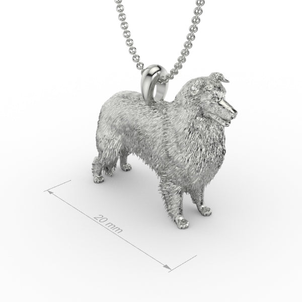 Silver dog pendant necklace with textured fur details on a chain, perfect accessory for dog lovers and jewellery enthusiasts worldwide, also available in solid gold. Made by Chris Simpson Designs in the United Kingdom.