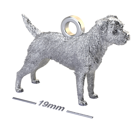 Silver dog pendant necklaces and charms with textured fur details on a chain, perfect accessory for dog lovers and jewellery enthusiasts worldwide, also available in solid gold. Made by Chris Simpson Designs in the United Kingdom.