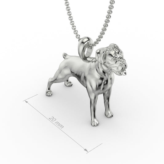 BOXER DOG PENDANT. Silver dog pendant necklace with textured fur details on a chain, perfect accessory for dog lovers and jewellery enthusiasts worldwide, also available in solid gold. Made by Chris Simpson Designs in the United Kingdom.