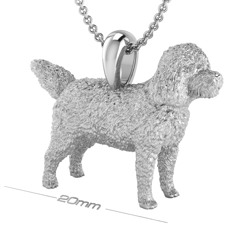 Silver dog pendant necklace with textured fur details on a chain, perfect accessory for dog lovers and jewellery enthusiasts worldwide, also available in solid gold. Made by Chris Simpson Designs in the United Kingdom.