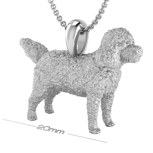 Silver dog pendant necklace with textured fur details on a chain, perfect accessory for dog lovers and jewellery enthusiasts worldwide, also available in solid gold. Made by Chris Simpson Designs in the United Kingdom.