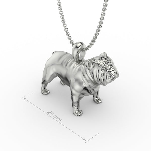ENGLISH BULLDOG PENDANT. Silver dog pendant necklace with textured fur details on a chain, perfect accessory for dog lovers and jewellery enthusiasts worldwide, also available in solid gold. Made by Chris Simpson Designs in the United Kingdom.