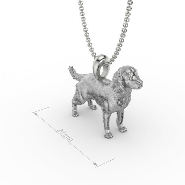 Silver dog pendant necklace with textured fur details on a chain, perfect accessory for dog lovers and jewellery enthusiasts worldwide, also available in solid gold. Made by Chris Simpson Designs in the United Kingdom.