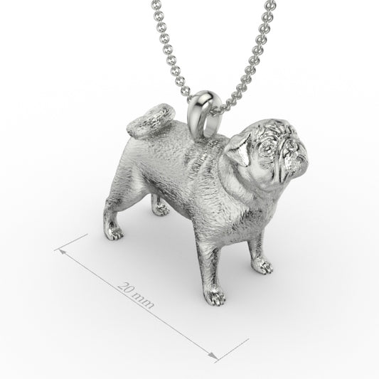 Silver_Pug_dog_pendant.Silver dog pendant necklace with textured fur details on a chain, perfect accessory for dog lovers and jewellery enthusiasts worldwide, also available in solid gold. Made by Chris Simpson Designs in the United Kingdom.