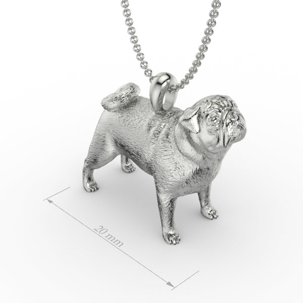 Silver_Pug_dog_pendant.Silver dog pendant necklace with textured fur details on a chain, perfect accessory for dog lovers and jewellery enthusiasts worldwide, also available in solid gold. Made by Chris Simpson Designs in the United Kingdom.
