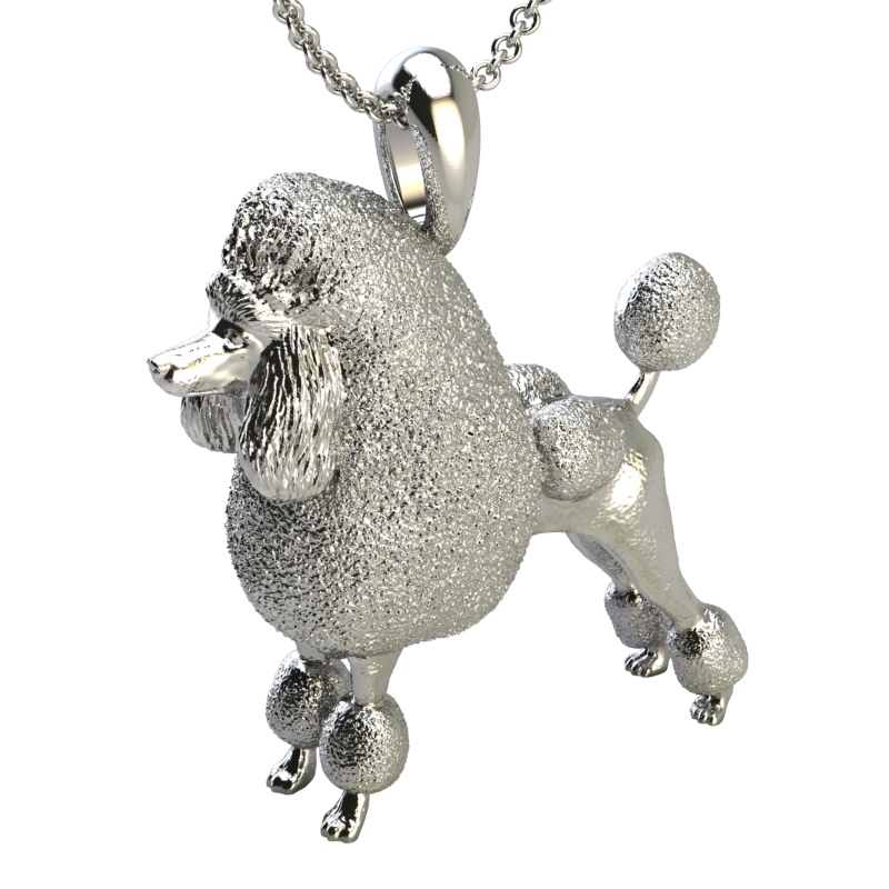 Silver dog pendant necklace with textured fur details on a chain, perfect accessory for dog lovers and jewellery enthusiasts worldwide, also available in solid gold. Made by Chris Simpson Designs in the United Kingdom.