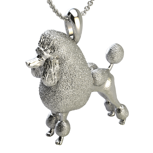 Silver dog pendant necklace with textured fur details on a chain, perfect accessory for dog lovers and jewellery enthusiasts worldwide, also available in solid gold. Made by Chris Simpson Designs in the United Kingdom.