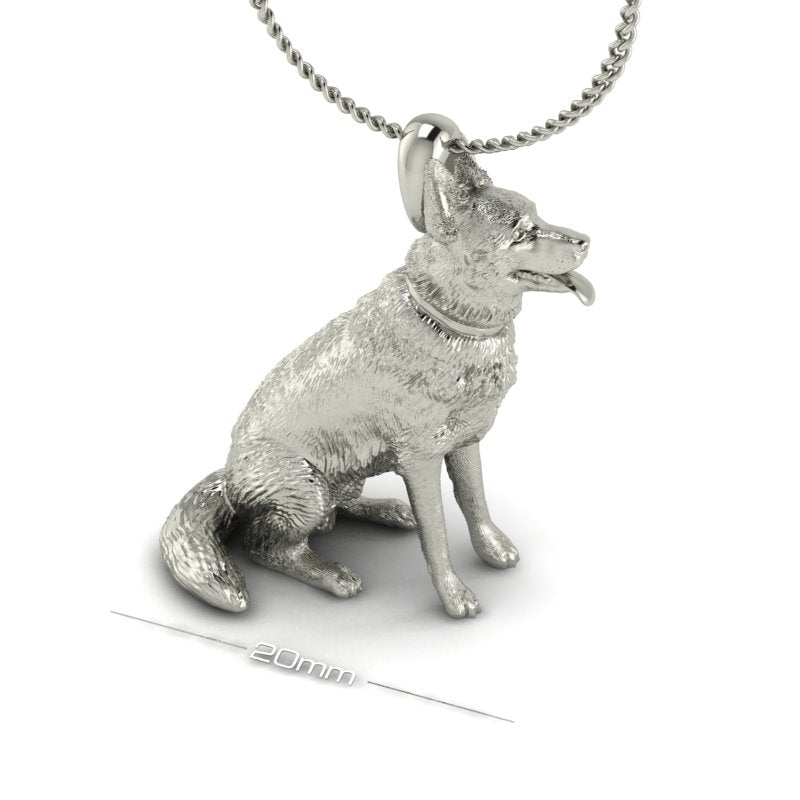 Silver dog pendant necklace with textured fur details on a chain, perfect accessory for dog lovers and jewellery enthusiasts worldwide, also available in solid gold. Made by Chris Simpson Designs in the United Kingdom.