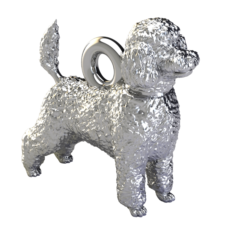 Silver dog pendant necklaces and charms with textured fur details on a chain, perfect accessory for dog lovers and jewellery enthusiasts worldwide, also available in solid gold. Made by Chris Simpson Designs in the United Kingdom.