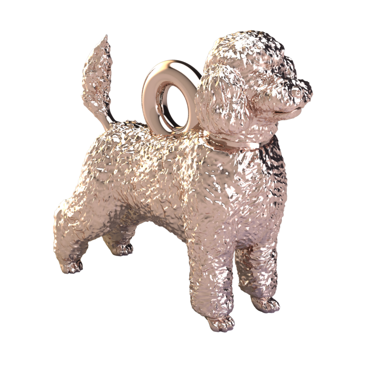 Silver dog pendant necklaces and charms with textured fur details on a chain, perfect accessory for dog lovers and jewellery enthusiasts worldwide, also available in solid gold. Made by Chris Simpson Designs in the United Kingdom.