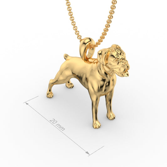 BOXER DOG PENDANT GOLD. Silver dog pendant necklace with textured fur details on a chain, perfect accessory for dog lovers and jewellery enthusiasts worldwide, also available in solid gold. Made by Chris Simpson Designs in the United Kingdom.