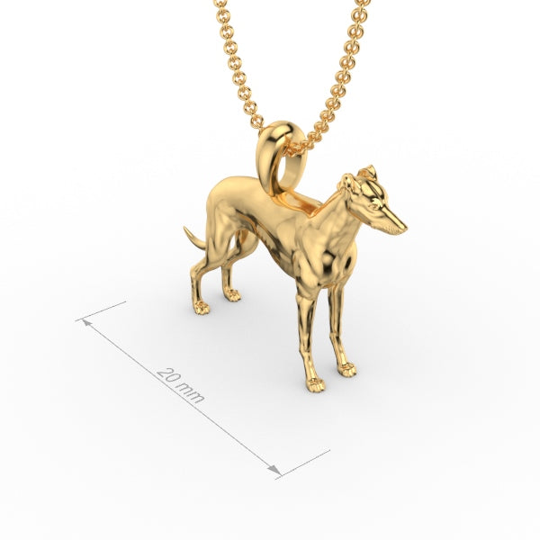 GREYHOUND. Silver dog pendant necklace with textured fur details on a chain, perfect accessory for dog lovers and jewellery enthusiasts worldwide, also available in solid gold. Made by Chris Simpson Designs in the United Kingdom.