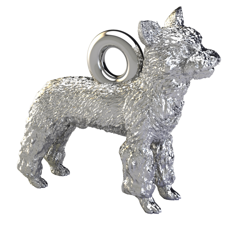 Silver dog pendant necklaces and charms with textured fur details on a chain, perfect accessory for dog lovers and jewellery enthusiasts worldwide, also available in solid gold. Made by Chris Simpson Designs in the United Kingdom.