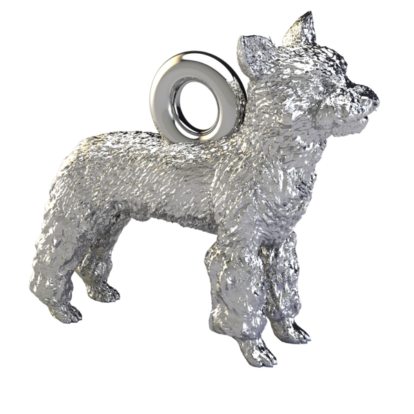 Silver dog pendant necklaces and charms with textured fur details on a chain, perfect accessory for dog lovers and jewellery enthusiasts worldwide, also available in solid gold. Made by Chris Simpson Designs in the United Kingdom.