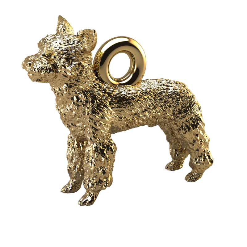 Silver dog pendant necklaces or charms with textured fur details on a chain, perfect accessory for dog lovers and jewellery enthusiasts worldwide, also available in solid gold. Made by Chris Simpson Designs in the United Kingdom.