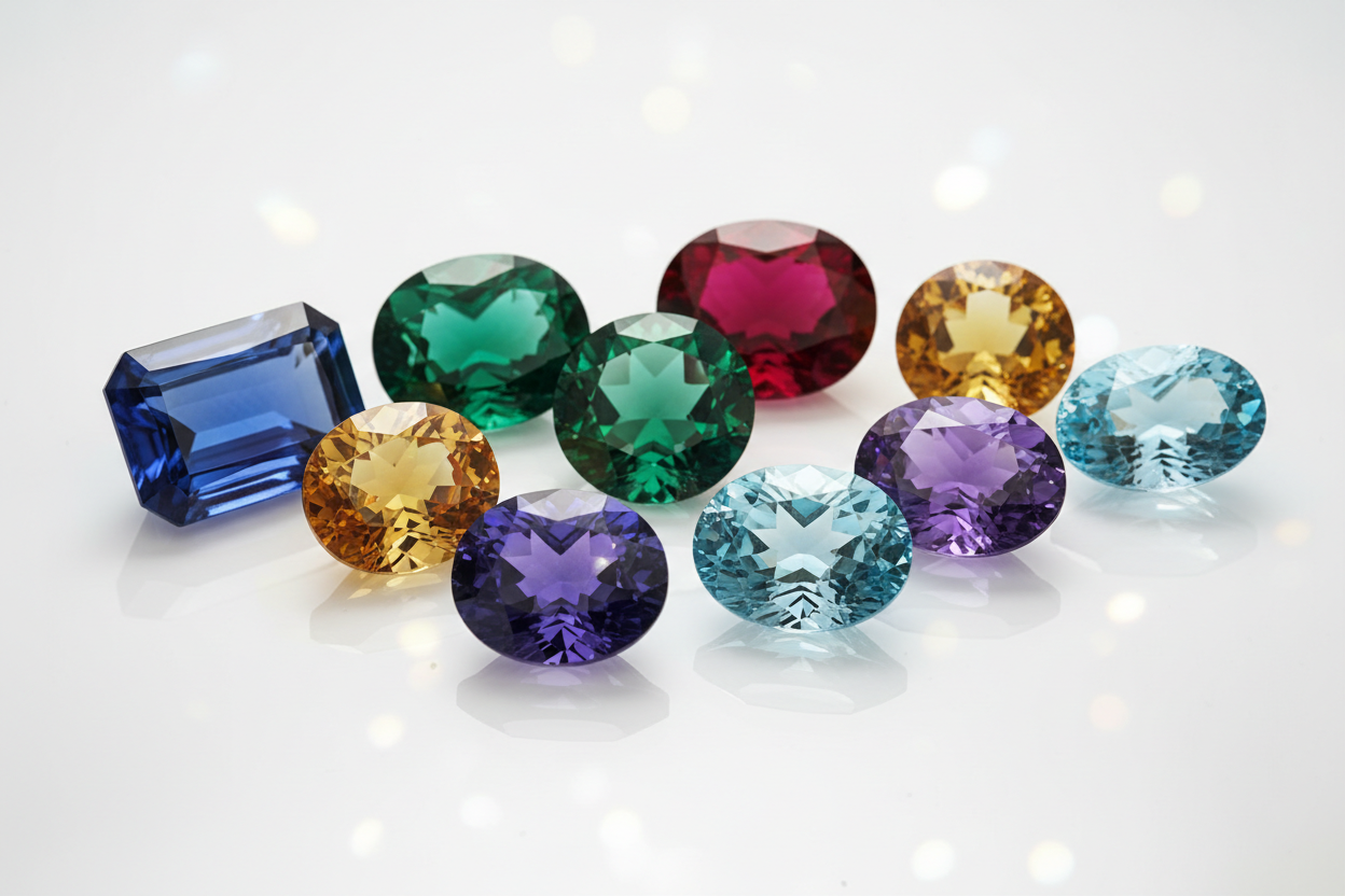 a selection of random gemstones, different shapes and sizes on white reflective surface. nice rich colours please 