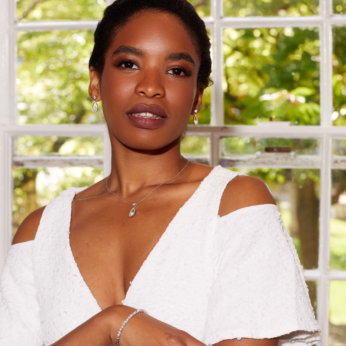 Diamonfire Open Halo Teardrop Pendant with Shell Pearl