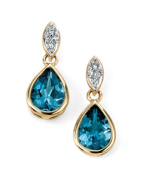 Teardrop Blue Topaz Earrings with Diamond in 9ct Gold