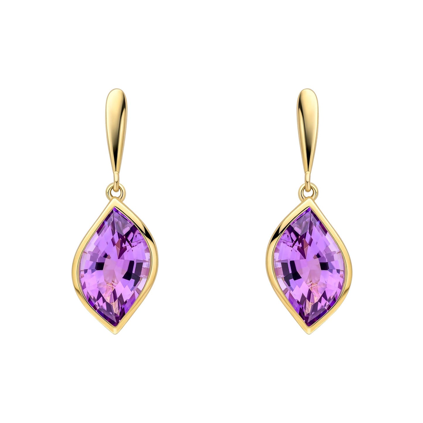 Flame Cut Amethyst Drop Earrings in 9ct Gold