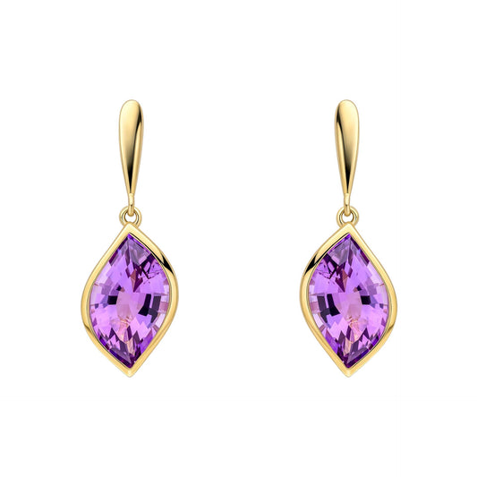 Flame Cut Amethyst Drop Earrings in 9ct Gold