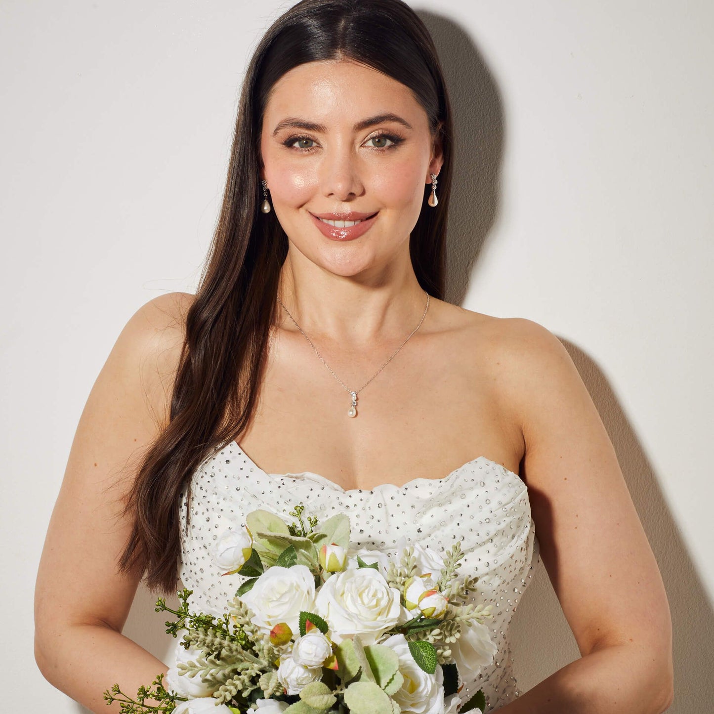 Diamonfire Alternating Shell Pearl and Zirconia Drop Necklace