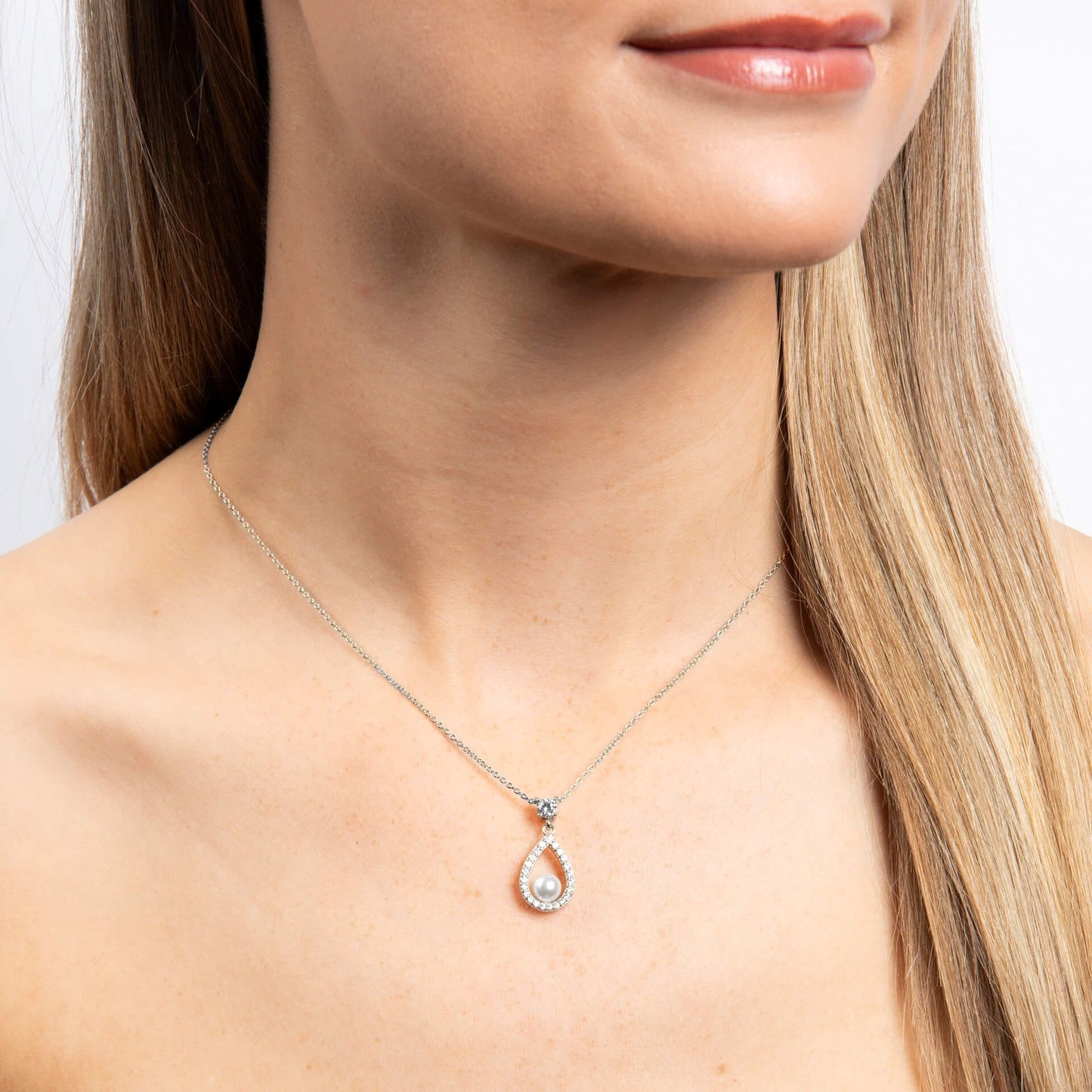 Diamonfire Open Halo Teardrop Pendant with Shell Pearl